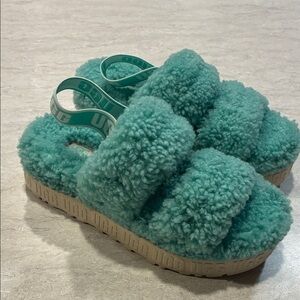 UGG Teal Fluffy Triple-Band Slide Sandals